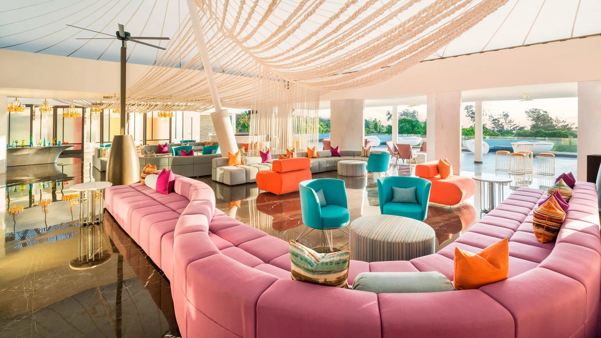 Arrival porte-cochere and living room at W Goa, Vagator