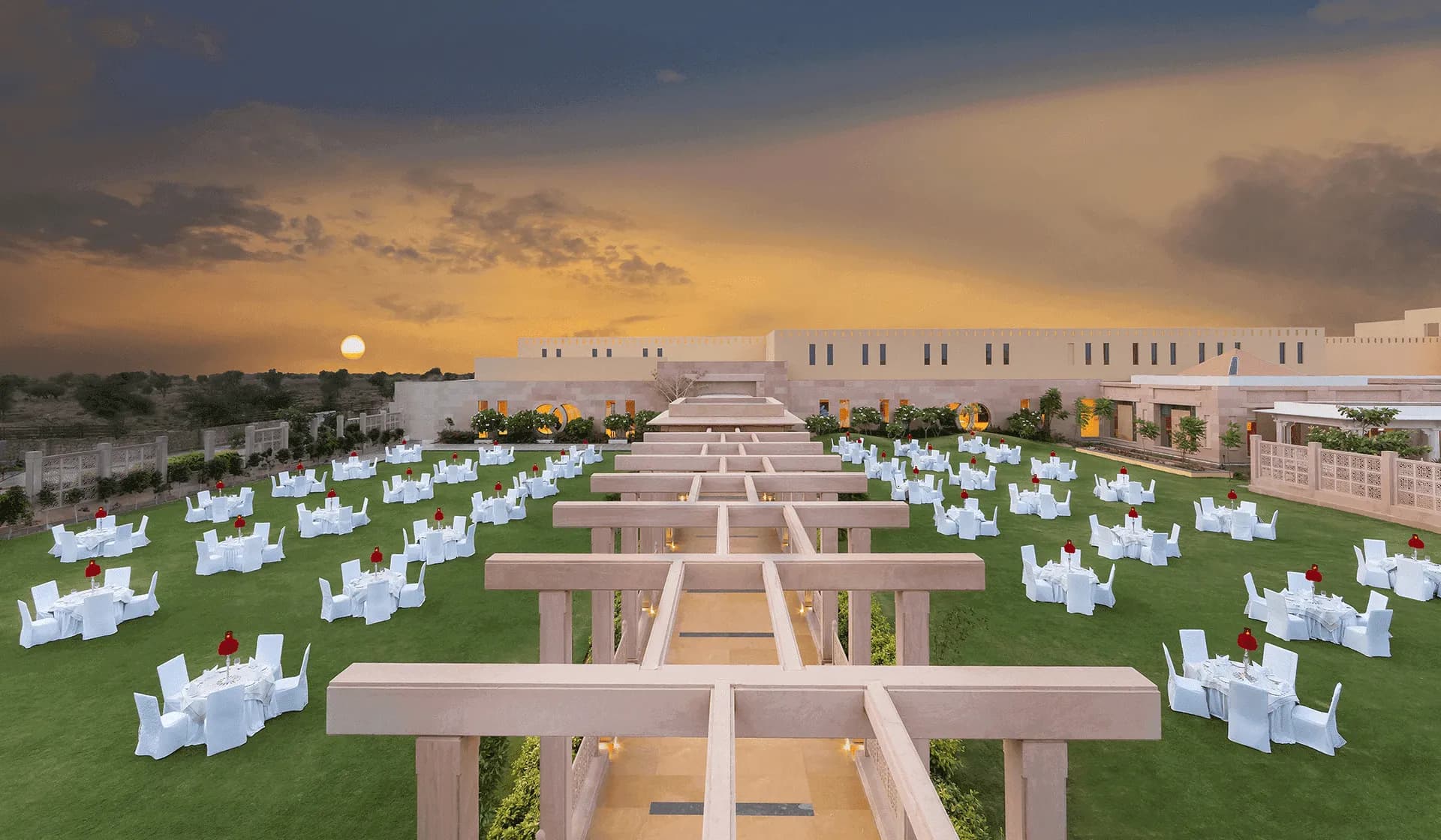 Lawn mandap and ceremony setting for pheras at Welcomhotel by ITC Hotels Jodhpur