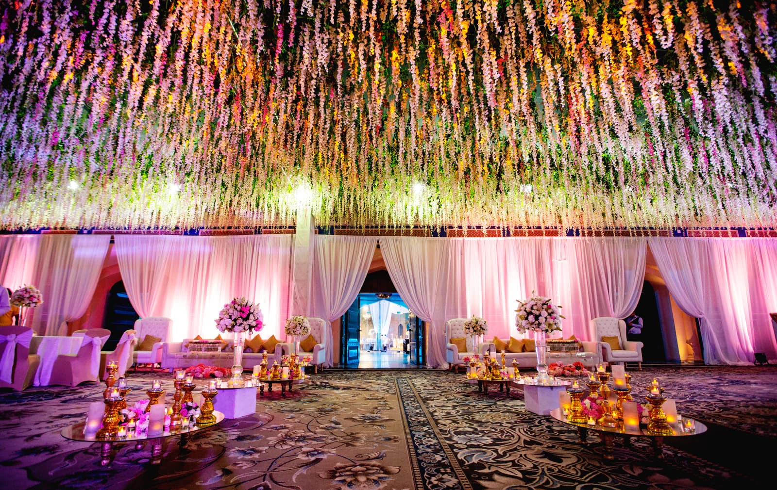 Wedding reception setup with Mughal decor
