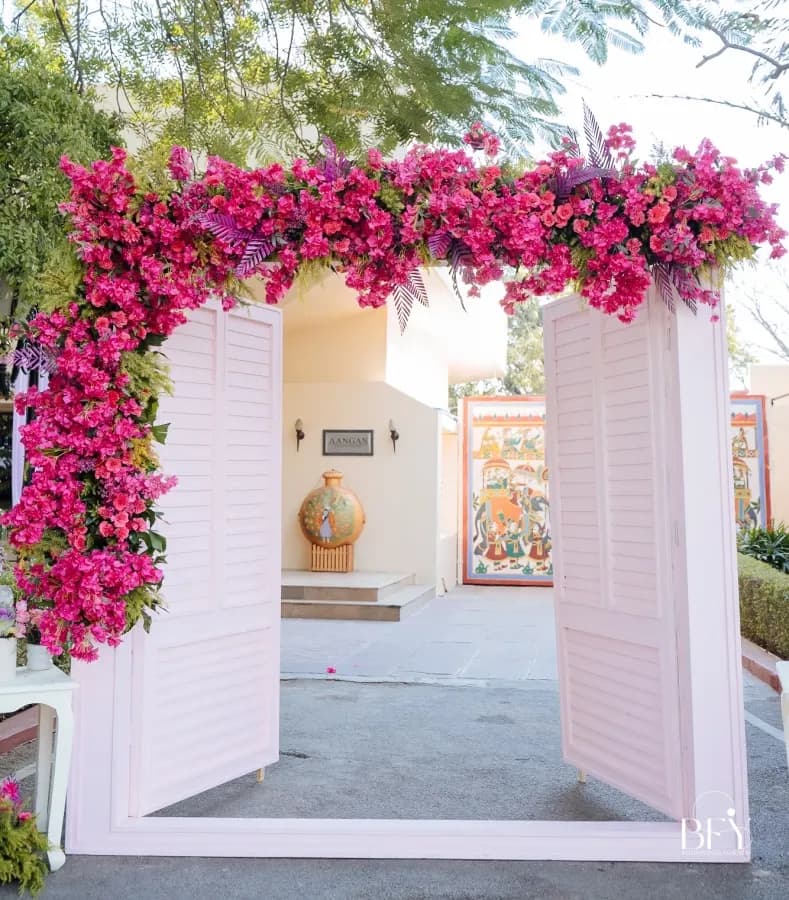 Floral welcome entrance at a Jaipur palace wedding