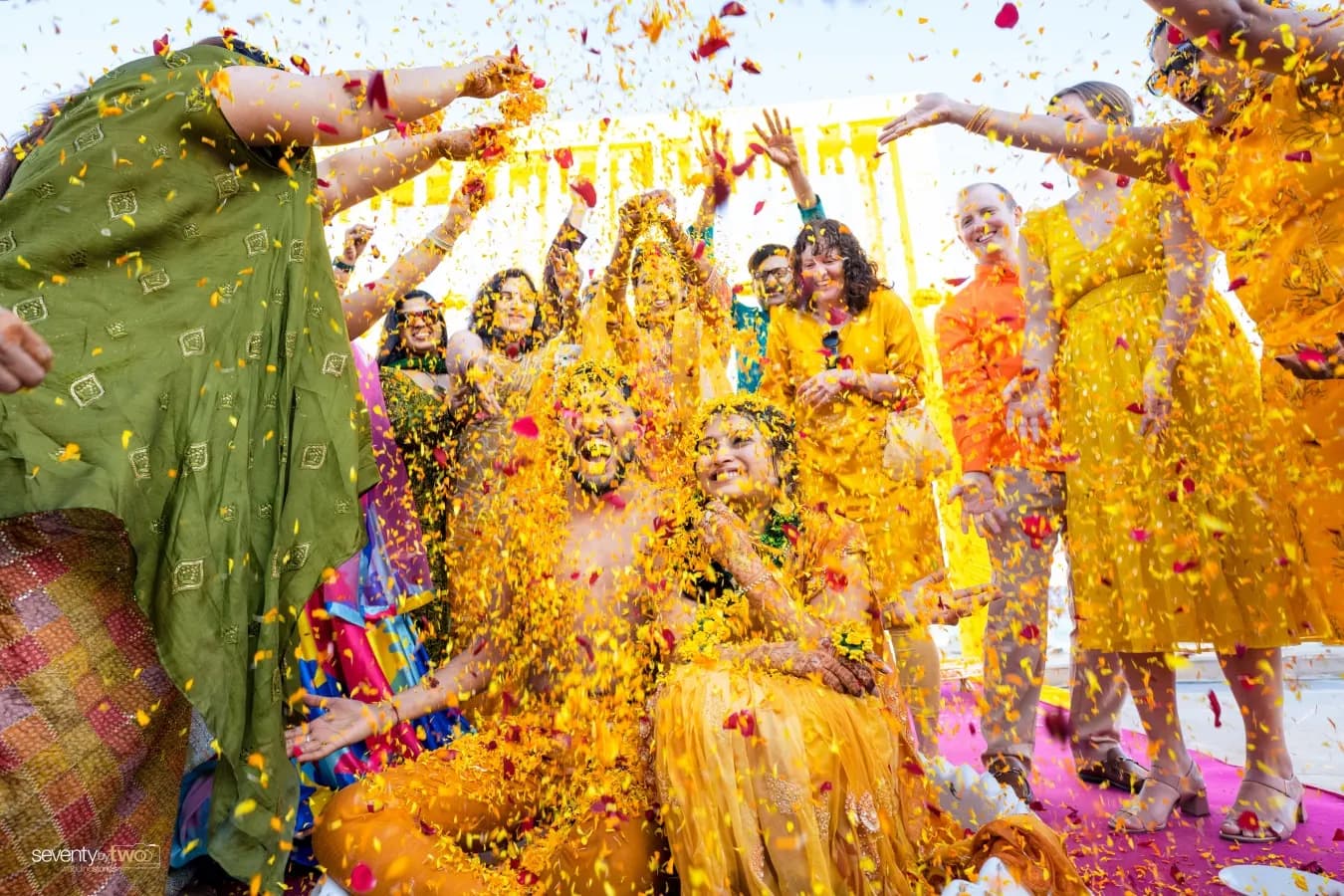 Group haldi celebration at a luxury Udaipur wedding