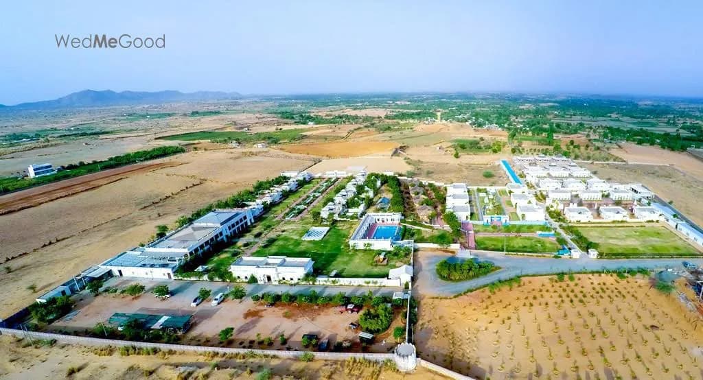 Themed heritage resort facade with arches at Aaram Baagh Pushkar in the Aravalli foothills