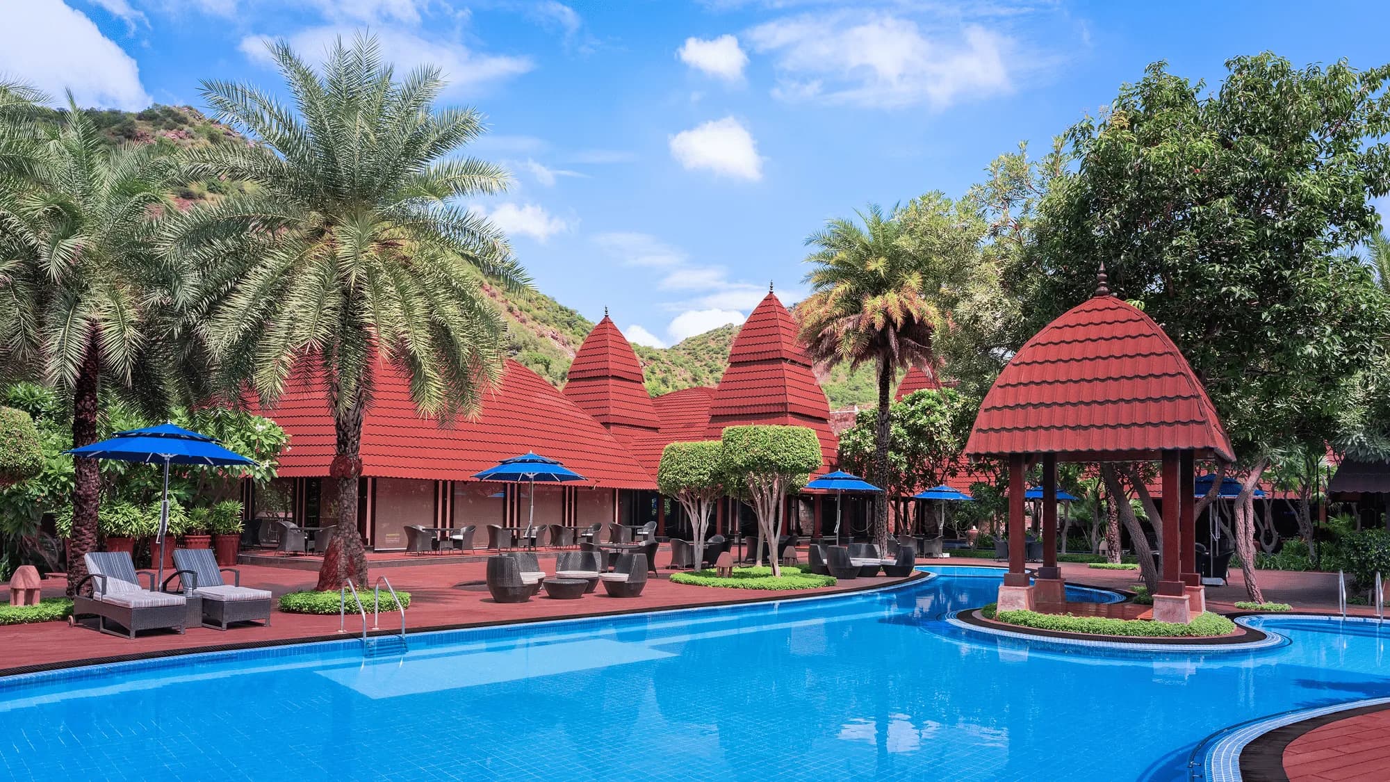 Ananta Spa & Resort Pushkar resort grounds and lawns set against the Aravalli foothills under a wide desert sky
