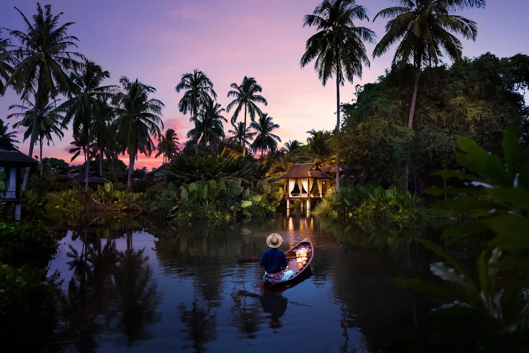 Anantara Mai Khao Phuket Villas exterior with a Sala pool villa beside the tropical lagoon near Mai Khao Beach, Andaman Sea, Thailand