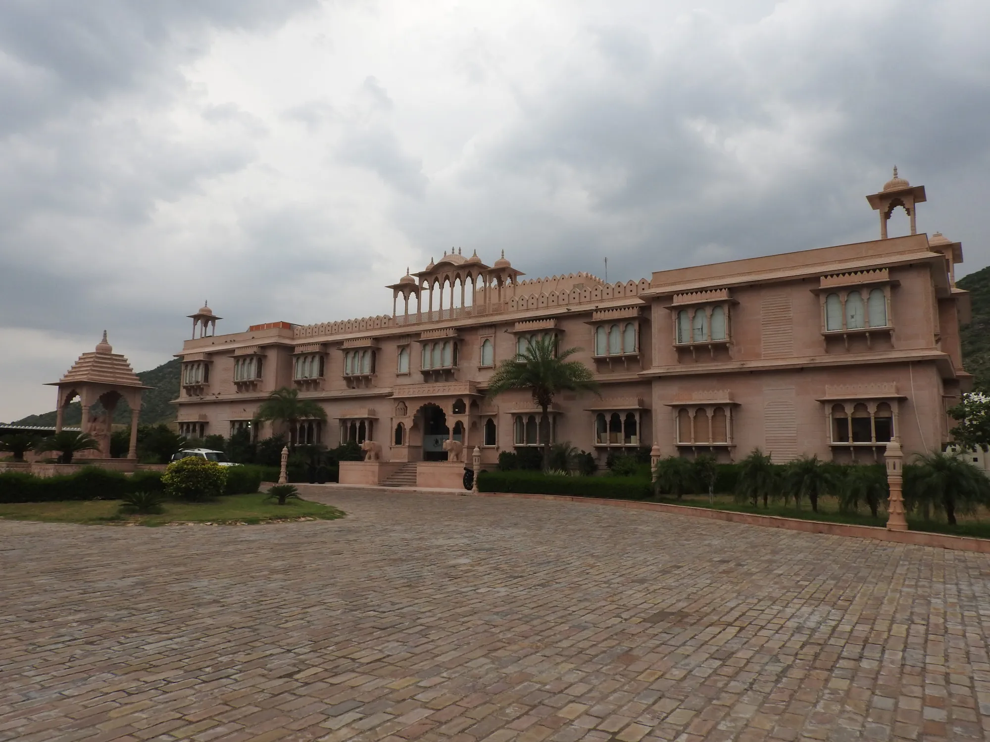 Carved palace-style facade and arches of Bhanwar Singh Palace resort, Pushkar