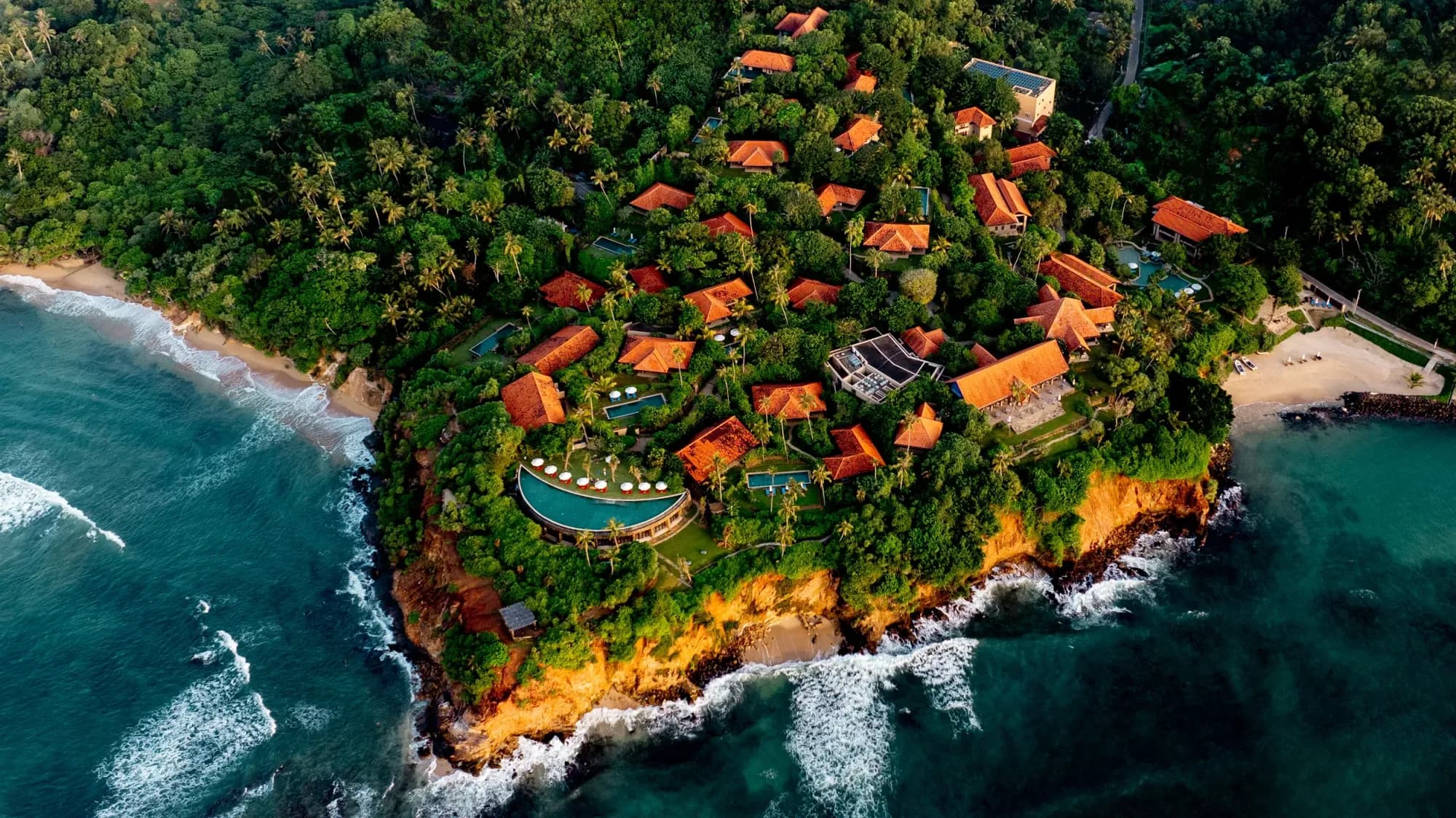 Aerial view of Cape Weligama clifftop resort and villas above the Indian Ocean, south-coast Sri Lanka