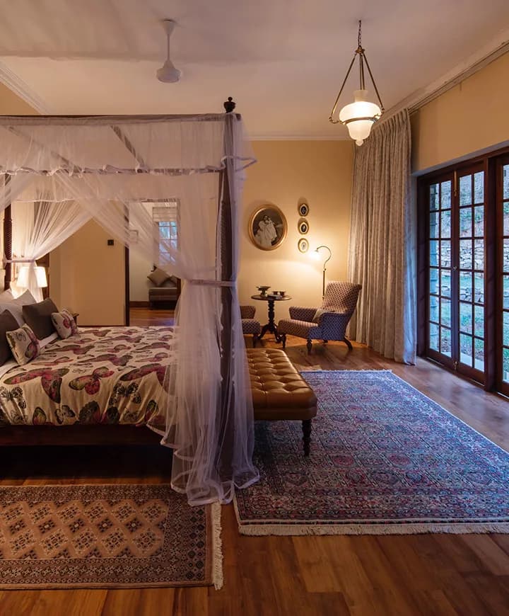 Colonial bungalow dining room set for a private dinner at Ceylon Tea Trails Sri Lanka