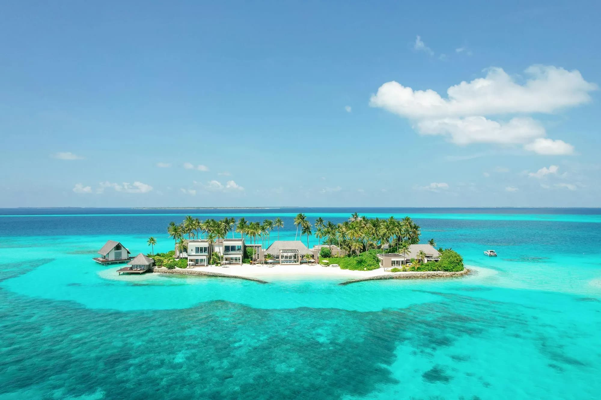 Aerial of the standalone four-bedroom Private Island with pool at Cheval Blanc Randheli, Maldives