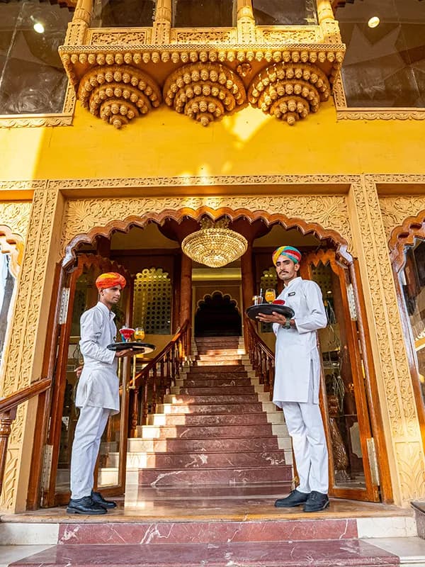 Arrival forecourt and entrance of Chokhi Dhani The Palace Hotel on NH-15 Barmer Road, Jaisalmer