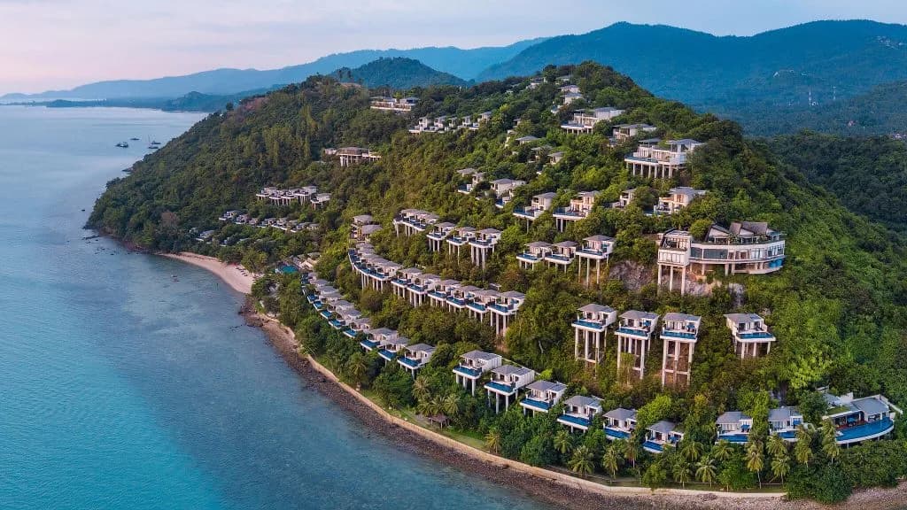Conrad Koh Samui clifftop pool villas terraced down the hillside above the Gulf of Thailand, Taling Ngam