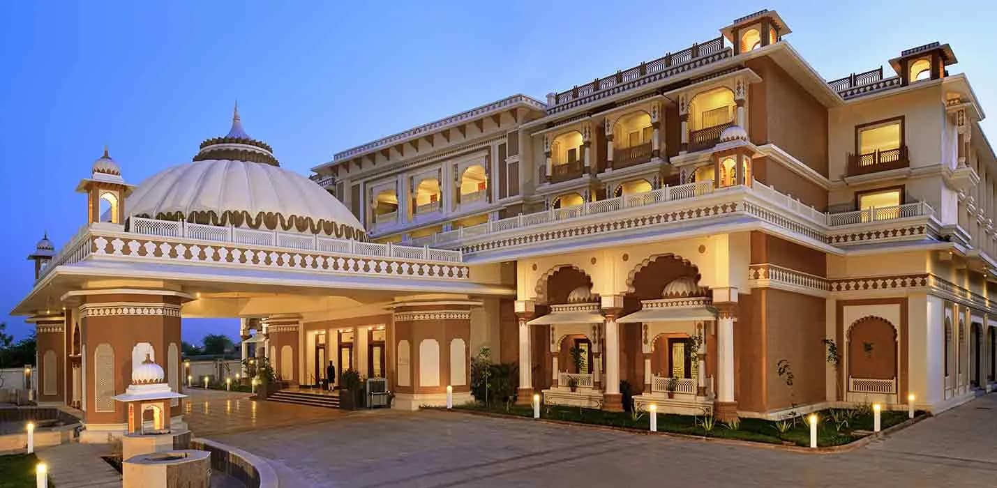 Grand palace-style arrival and lobby porte-cochère at Indana Palace Jodhpur