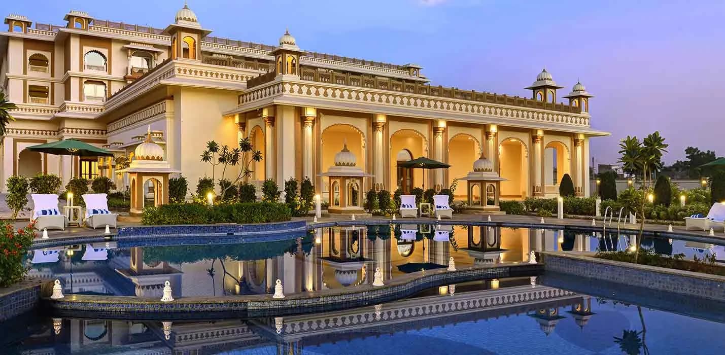 Indana Palace Jodhpur palace-style exterior with domes, arches and carved jaali work