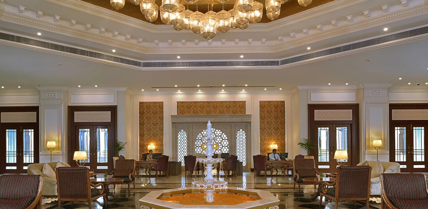 Large pillarless banquet hall set for a wedding function at Indana Palace Jodhpur