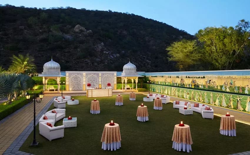 Vikram Aditya pillarless grand ballroom set for a reception at The Leela Palace Jaipur
