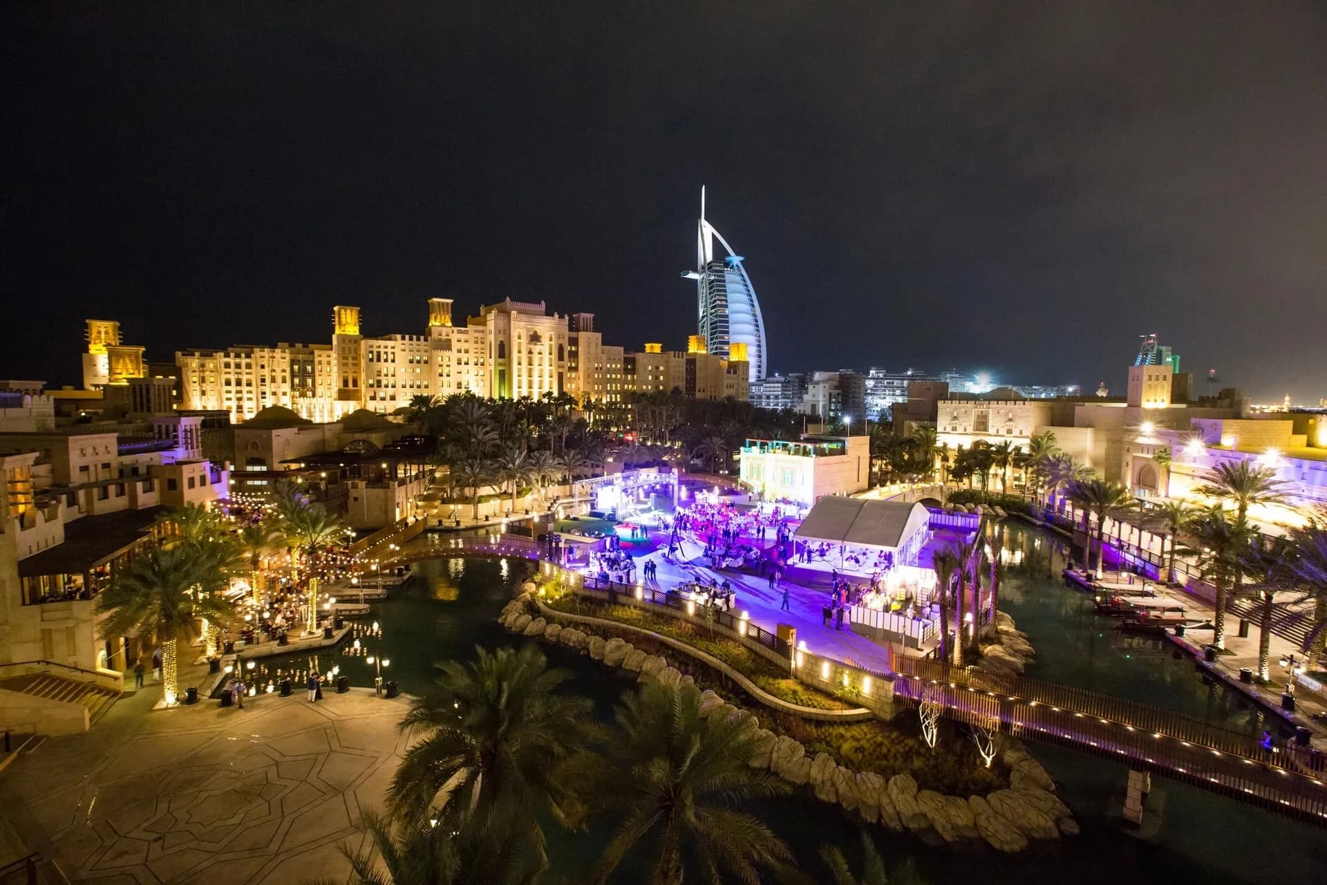 Madinat Jumeirah Dubai resort waterways and wind towers with Burj Al Arab in the background