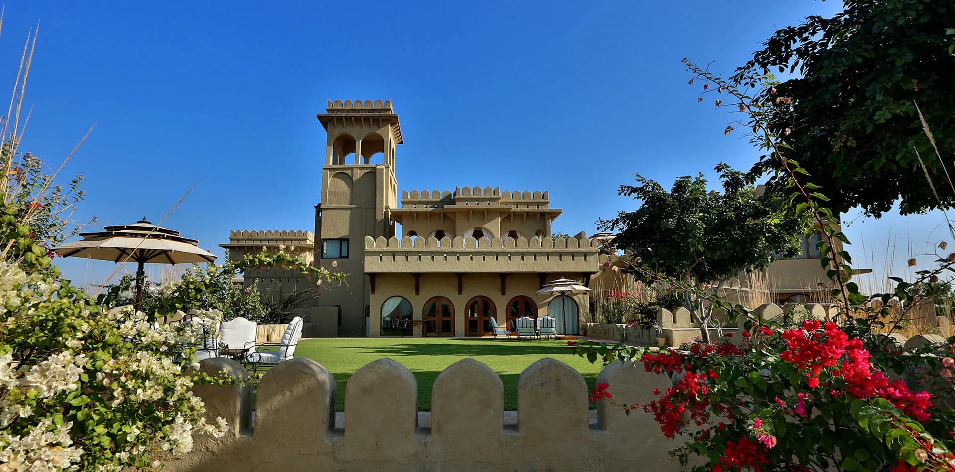 Approach and arrival to Mihir Garh desert fort across Thar Desert dunes near Jodhpur