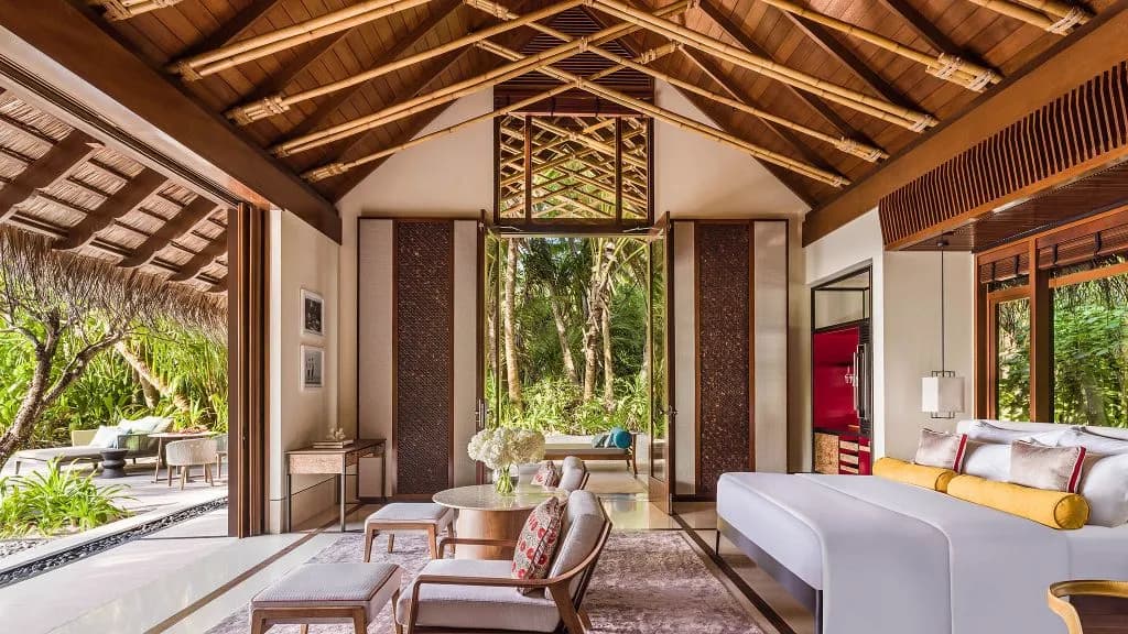 One&Only Reethi Rah beach villa with private pool on a white-sand beach, Maldives