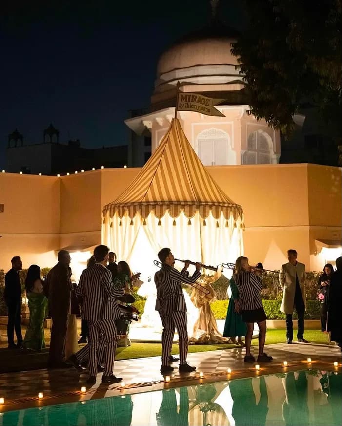 Main Lawn outdoor event space with Mehrangarh Fort filling the skyline at RAAS Jodhpur