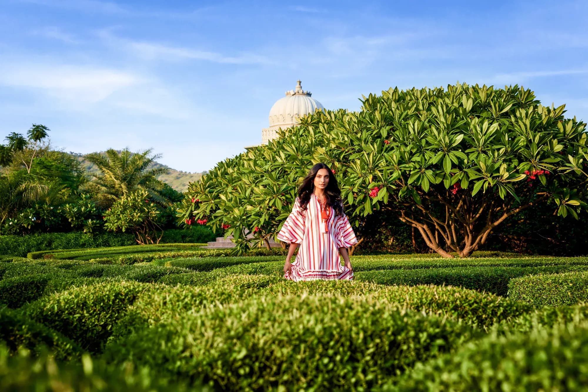 Arrival approach to Raffles Udaipur island with ornamental gardens and fountains