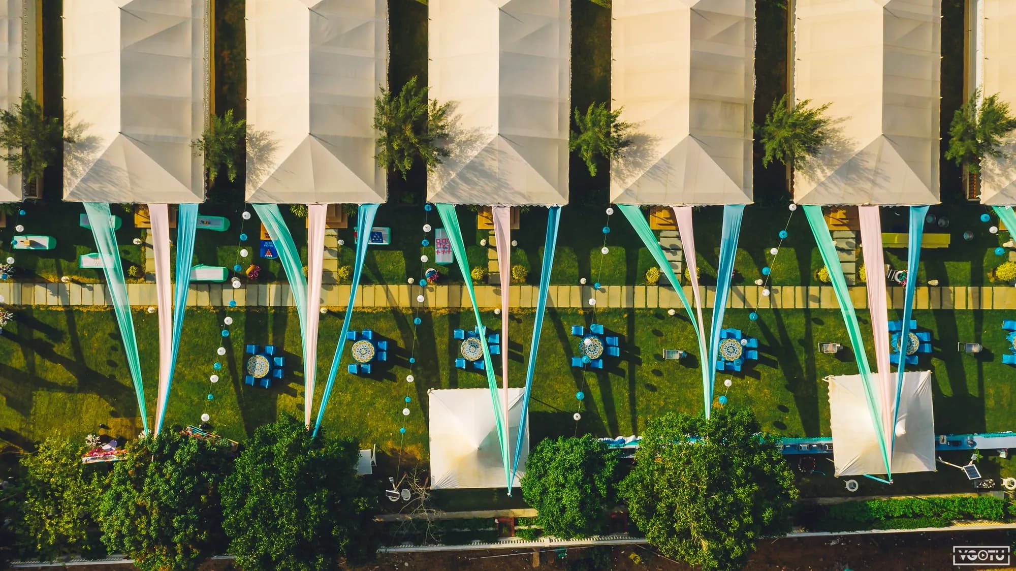 Arrival approach and gardens at Rawai Luxury Tents Pushkar at sunrise