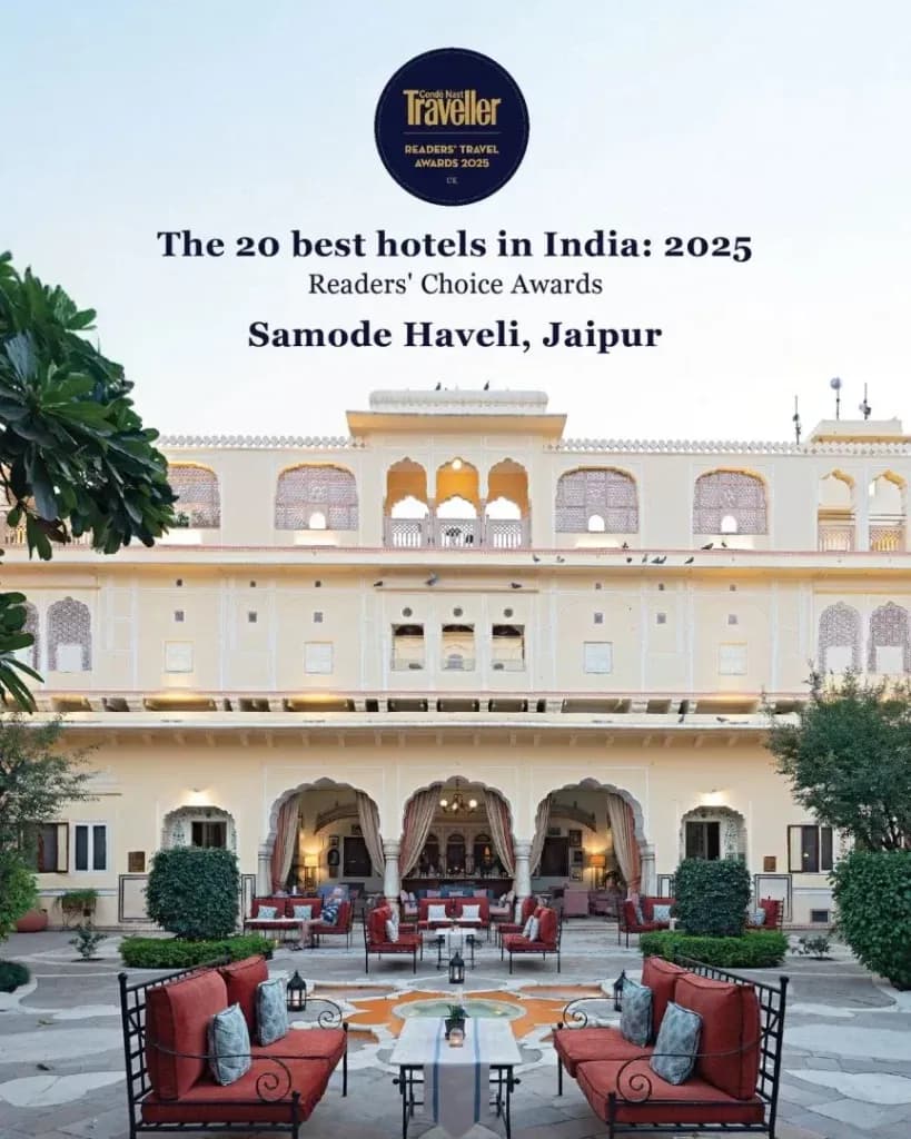 Hand-painted fresco facade and heritage courtyard of Samode Haveli in the old city of Jaipur