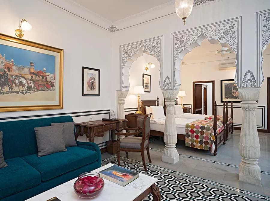 Sheesh Mahal suite with original fresco and mirror work at Samode Haveli Jaipur