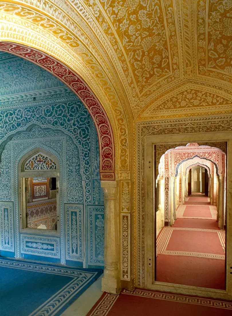 Samode Palace heritage facade rising against the Aravalli foothills near Jaipur