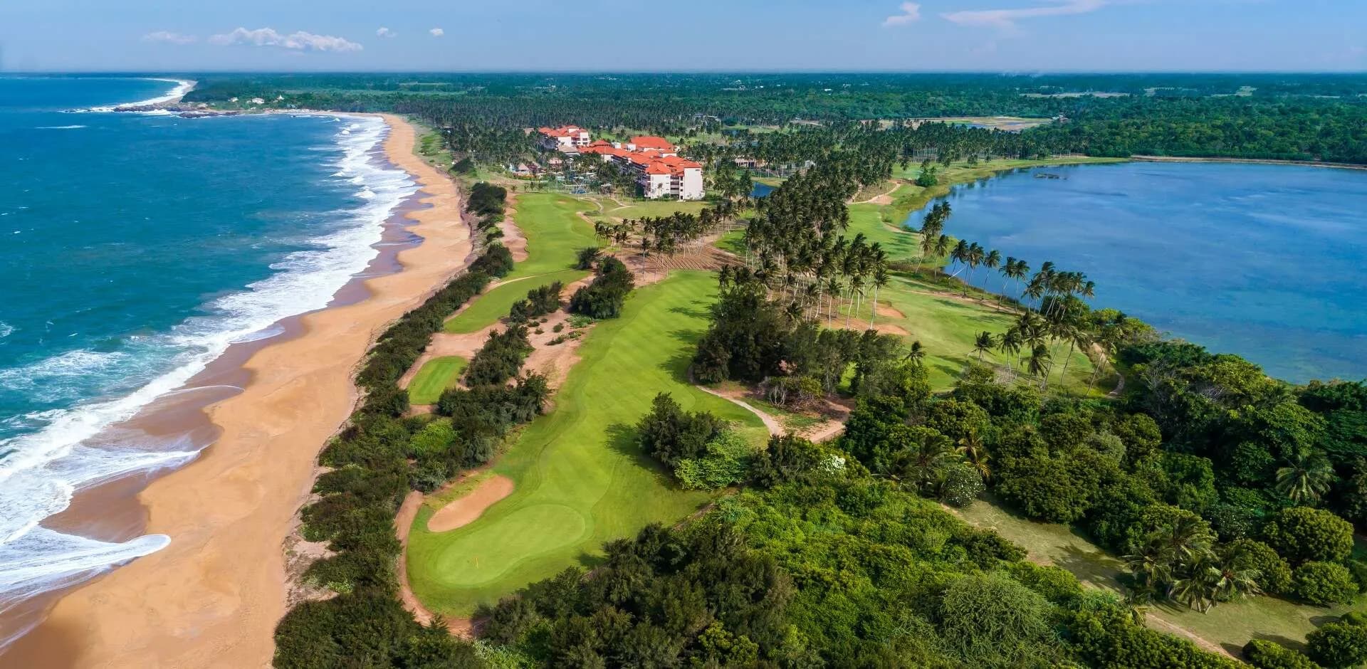 Shangri-La Hambantota beachfront resort estate and the Indian Ocean at golden hour, Sri Lanka