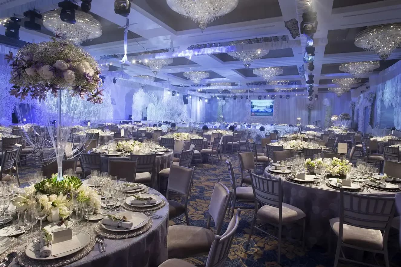 Grand Ballroom set for a wedding celebration at The Mulia Bali, Nusa Dua