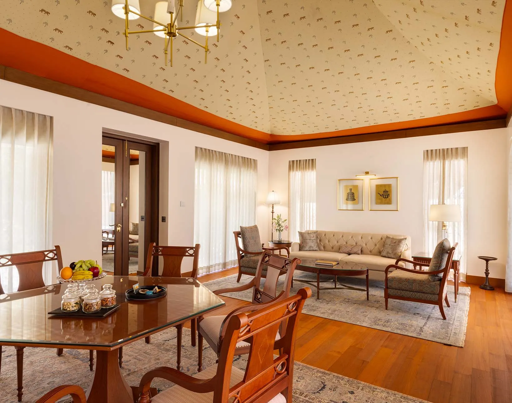 Royal tent living room interior with elegant furnishings at The Oberoi Vanyavilas Ranthambore