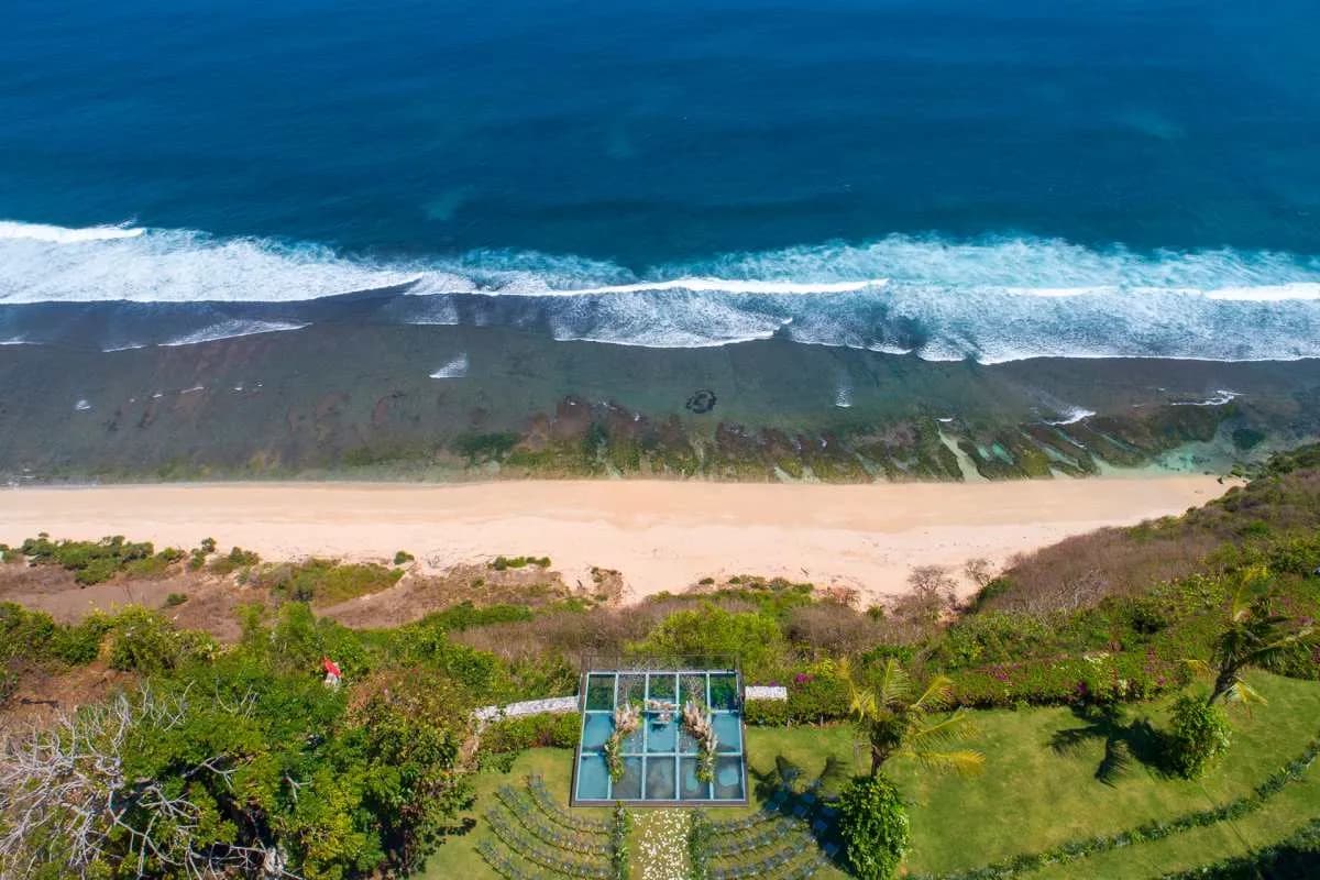 Tirtha Uluwatu clifftop wedding venue terraces above the Indian Ocean, Bali