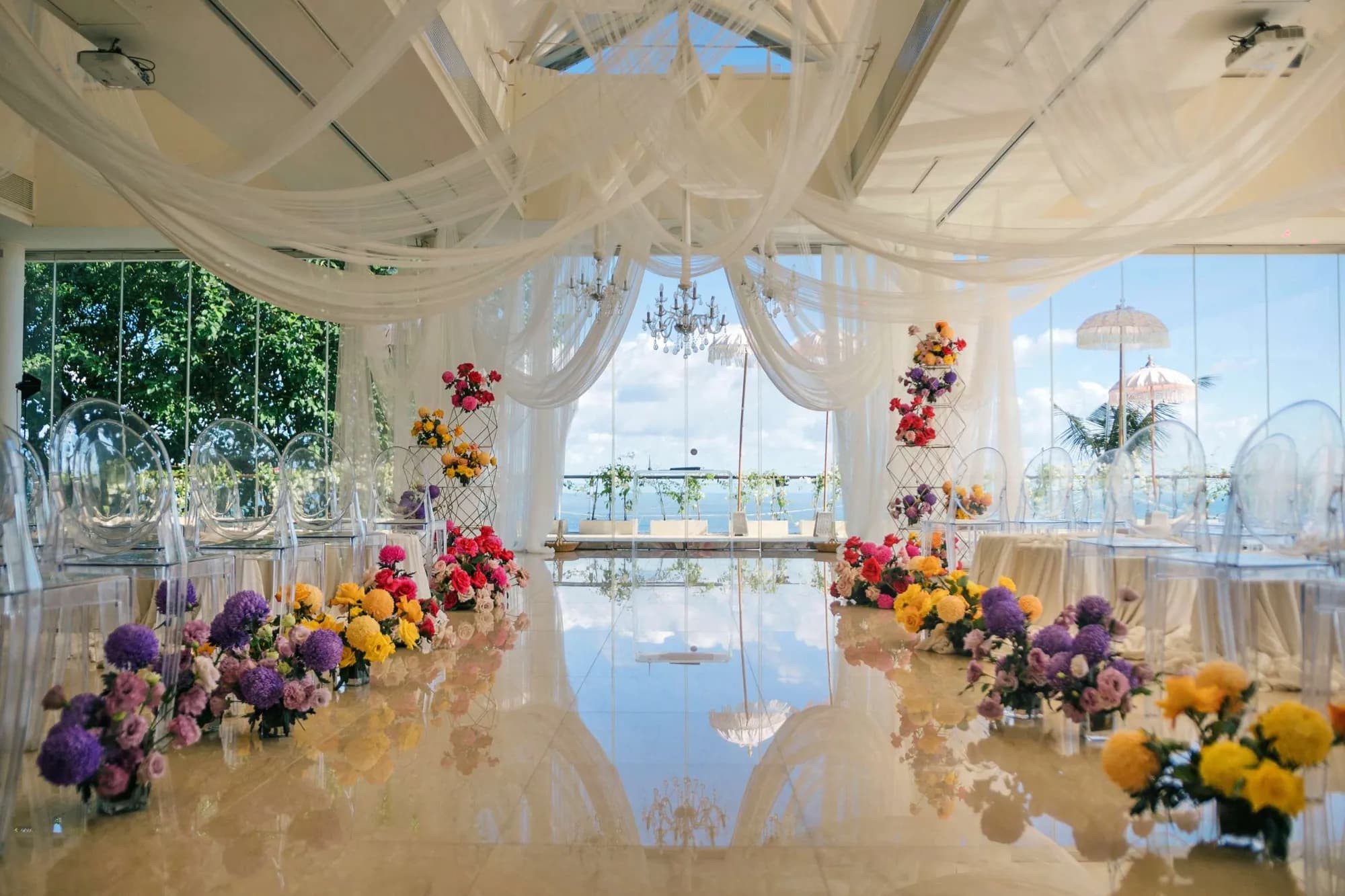 Heaven Room ocean-view wedding reception setup at Tirtha Uluwatu, Bali