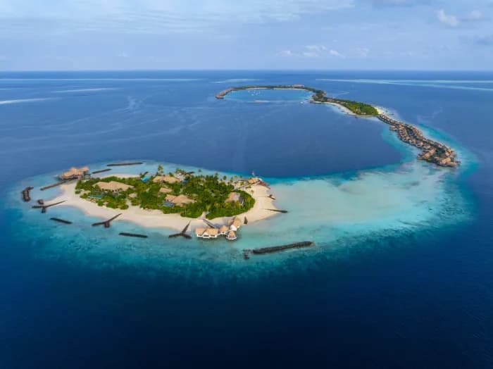 Aerial view of Ithaafushi The Private Island, the 32,000-sqm private-island buyout at Waldorf Astoria Maldives Ithaafushi