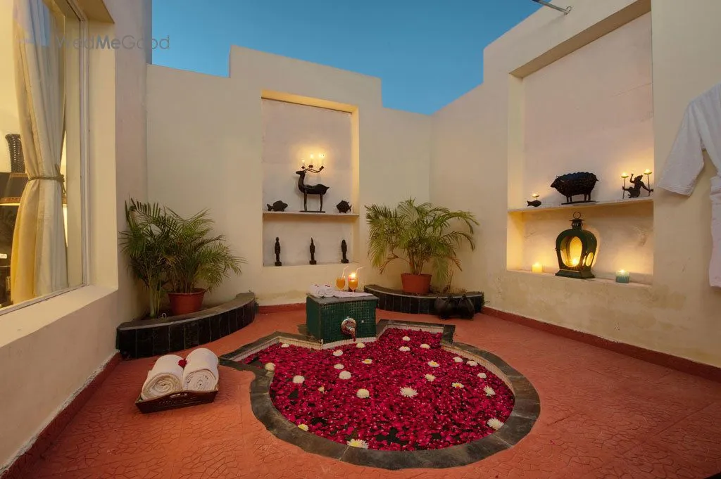Hamam swimming pool and themed poolside setting at Aaram Baagh Resort Pushkar