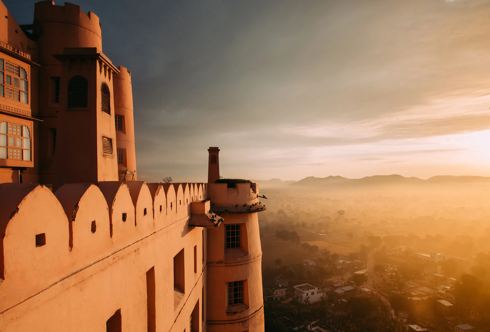 Rajasthan landscape and heritage setting at dusk