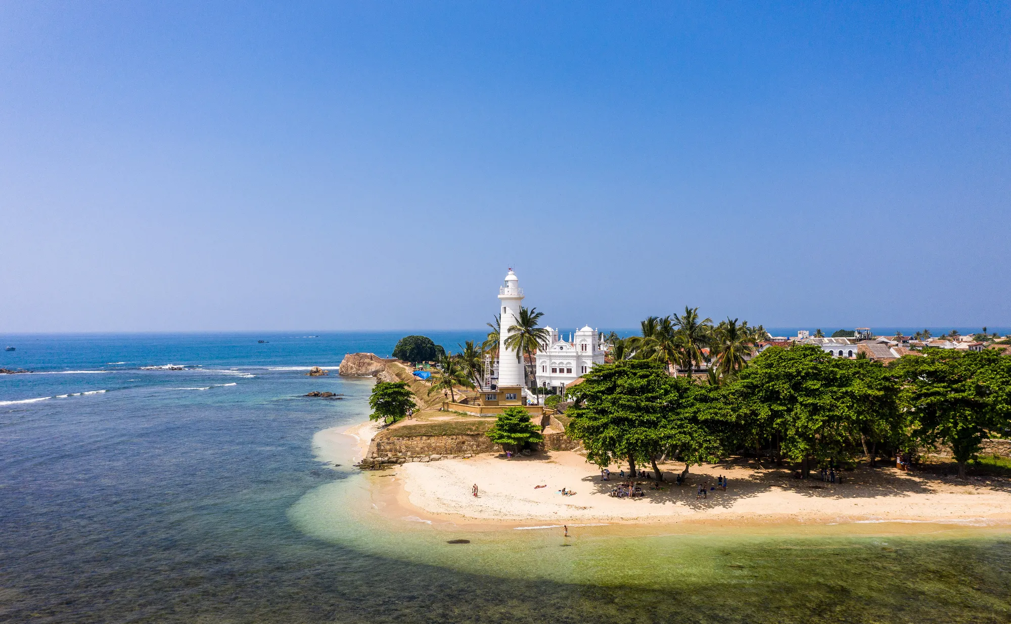 Aerial view of Galle Fort ramparts and lighthouse peninsula near Amangalla, Sri Lanka