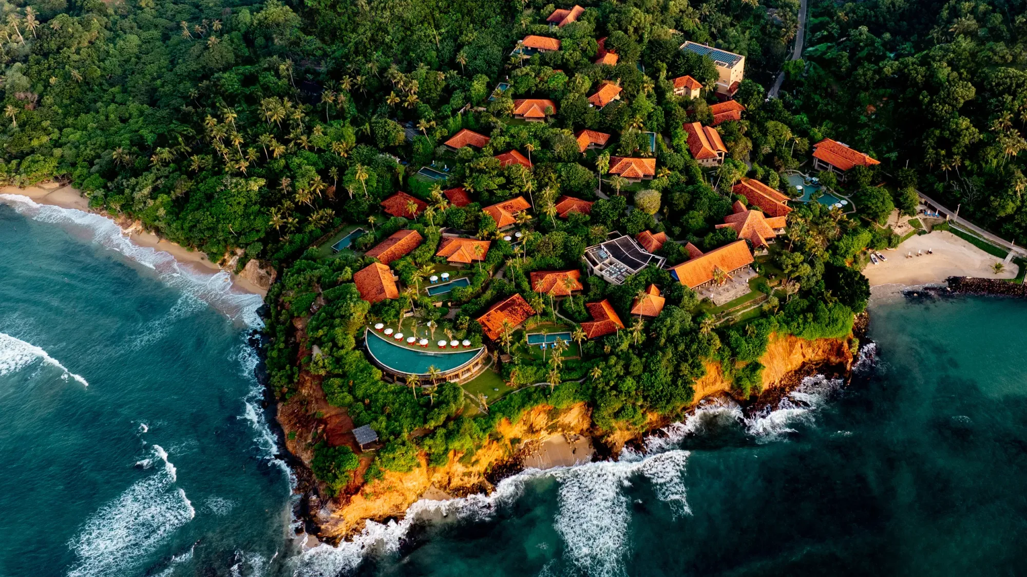 Aerial view of Cape Weligama clifftop resort and villas above the Indian Ocean, south-coast Sri Lanka
