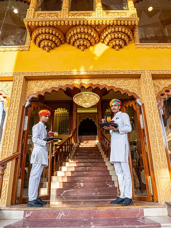 Arrival forecourt and entrance of Chokhi Dhani The Palace Hotel on NH-15 Barmer Road, Jaisalmer