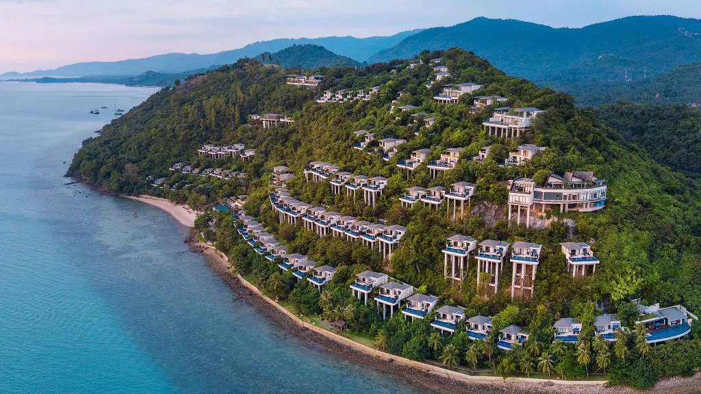 Conrad Koh Samui clifftop pool villas terraced down the hillside above the Gulf of Thailand, Taling Ngam