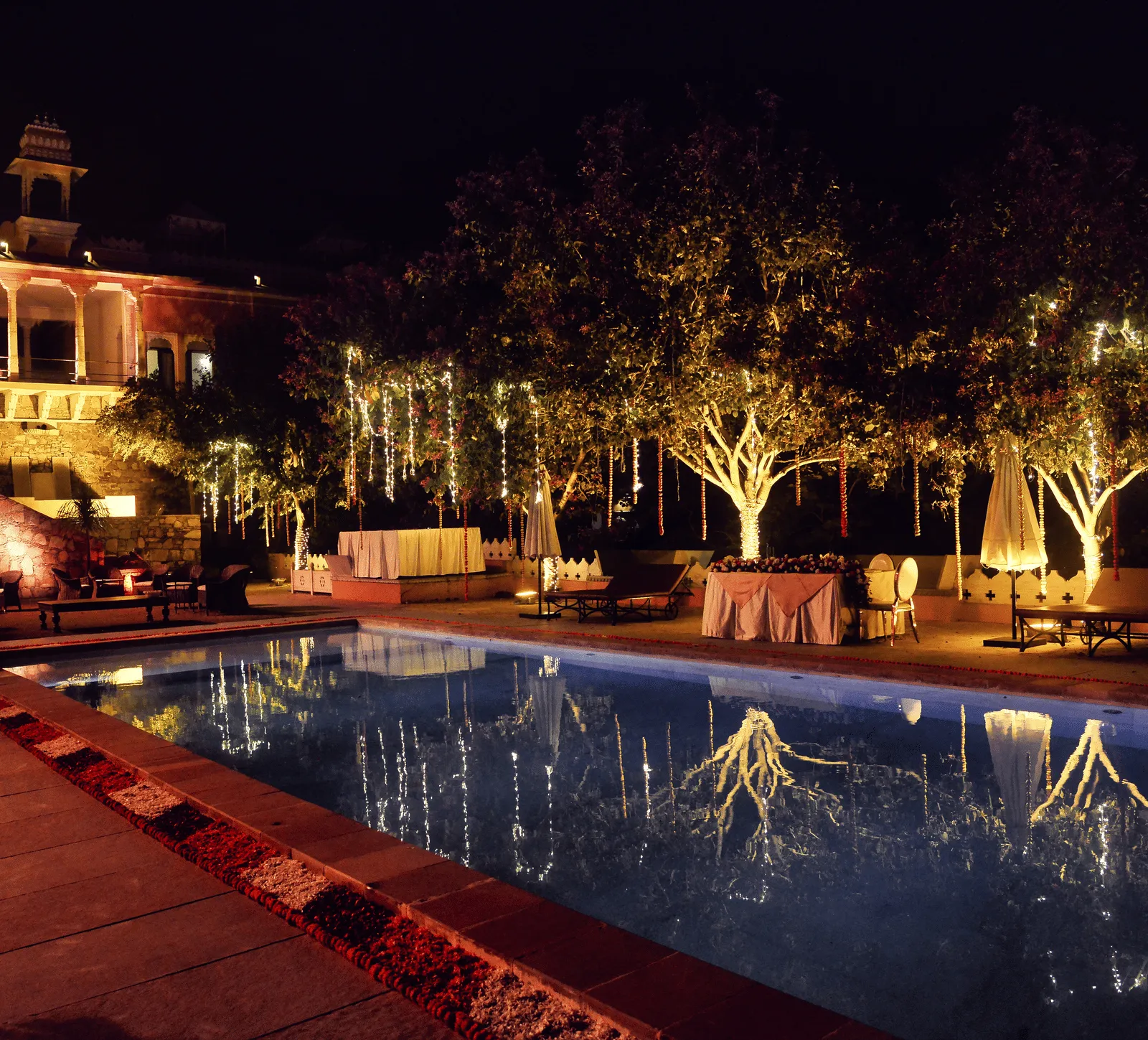 Poolside reception lights at Fateh Garh Udaipur