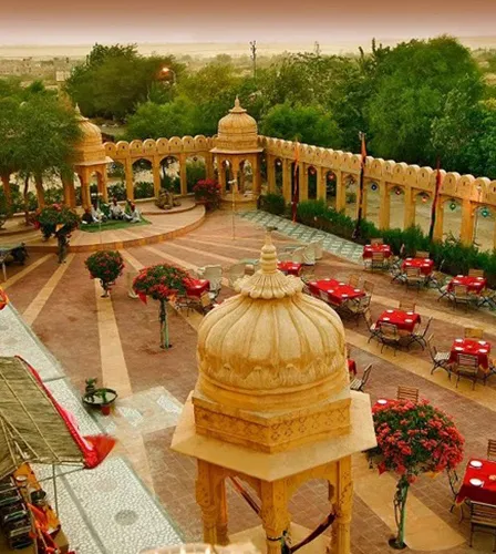 Sandstone courtyard daytime ceremony and mandap setting at Fort Rajwada Jaisalmer