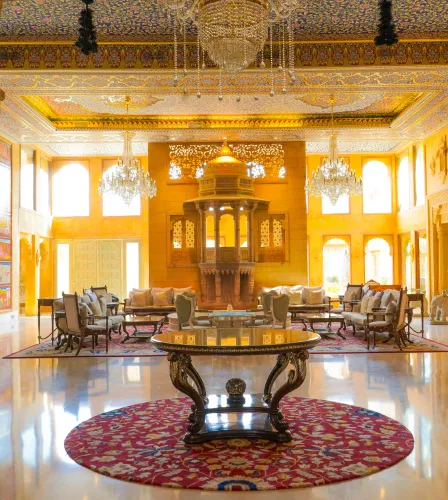 Open-lawn reception setup at Fort Rajwada Jaisalmer sandstone palace-hotel