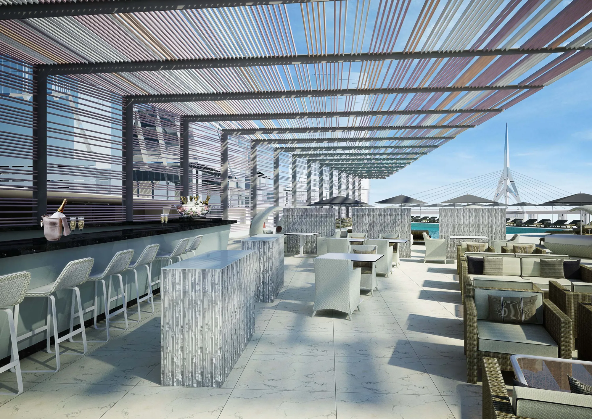 Eclipse rooftop terrace lounge with the Sheikh Zayed Bridge and Abu Dhabi skyline at Four Seasons Abu Dhabi