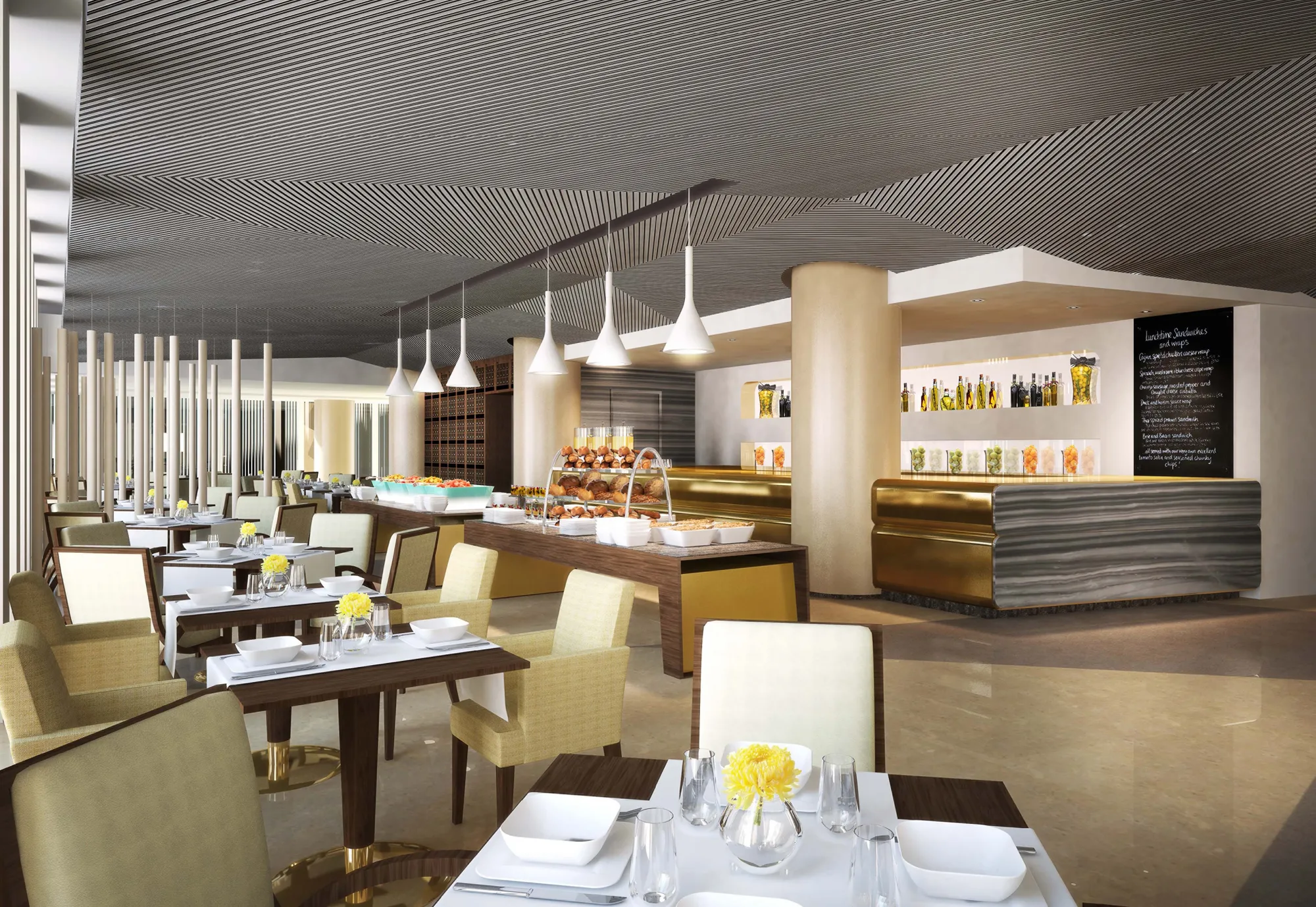 Café Milano Italian dining room with buffet and waterfront light at Four Seasons Abu Dhabi