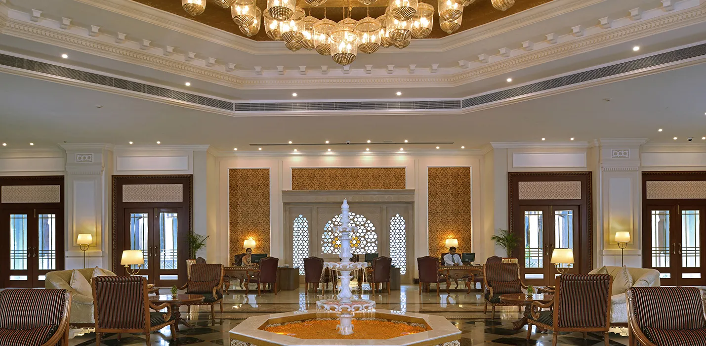 Large pillarless banquet hall set for a wedding function at Indana Palace Jodhpur
