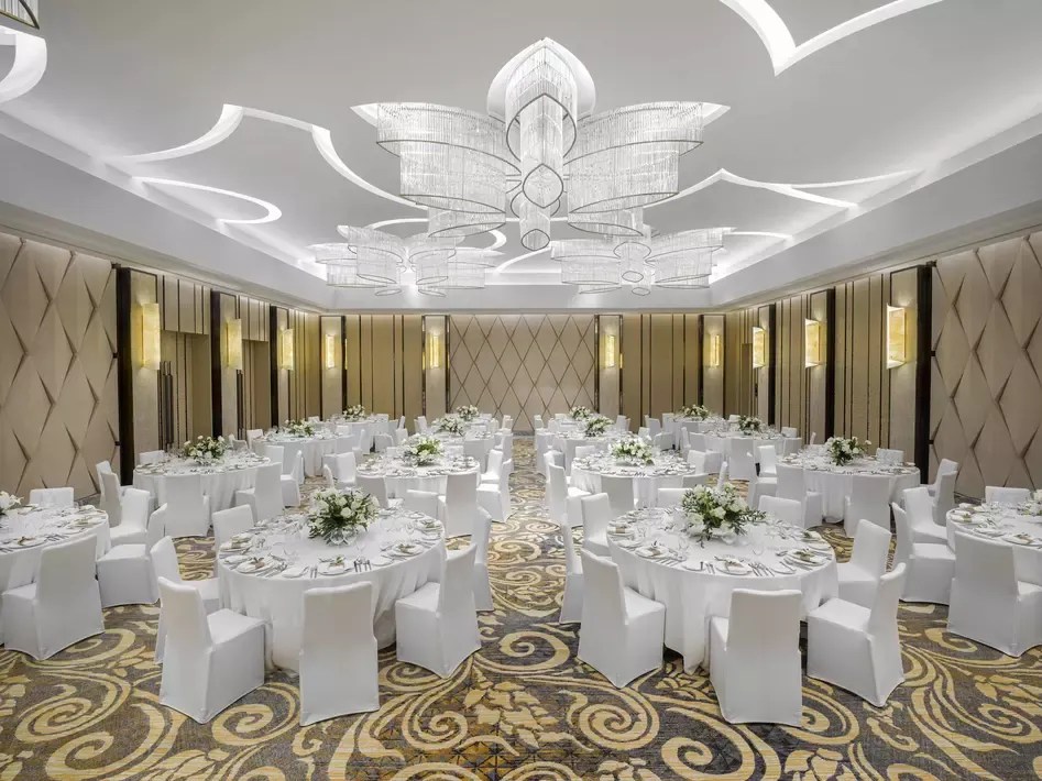Pillarless Arlang Ballroom set for a banquet reception at InterContinental Phuket Resort