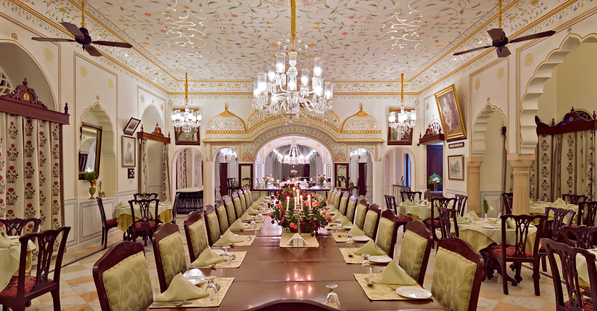 Arjun Mahal Banquet Hall with gold-leaf ceiling and chandeliers at Nahargarh Ranthambhore