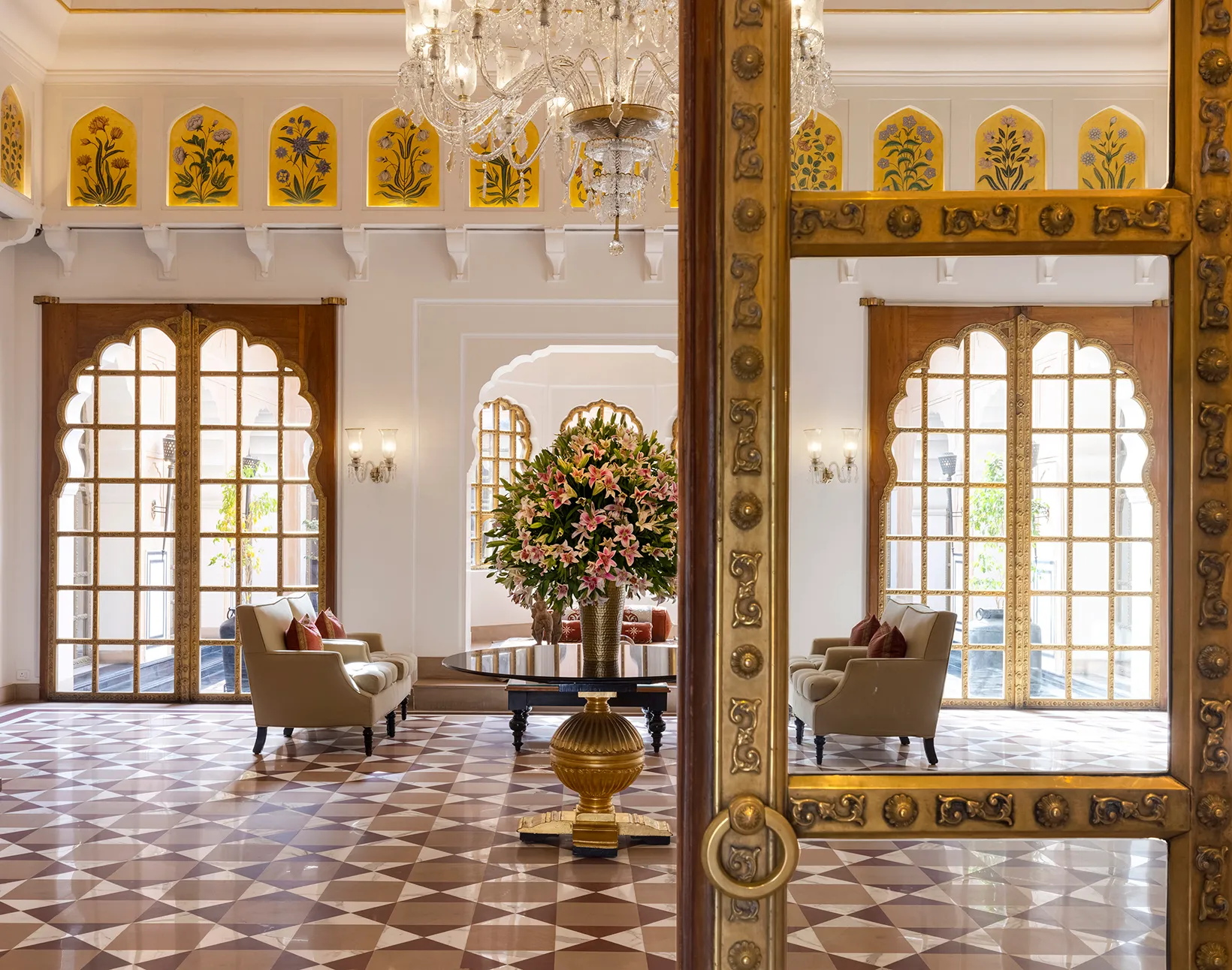 Traditional Rajput jaali screen, fresco and marble design detail at The Oberoi Rajvilas Jaipur