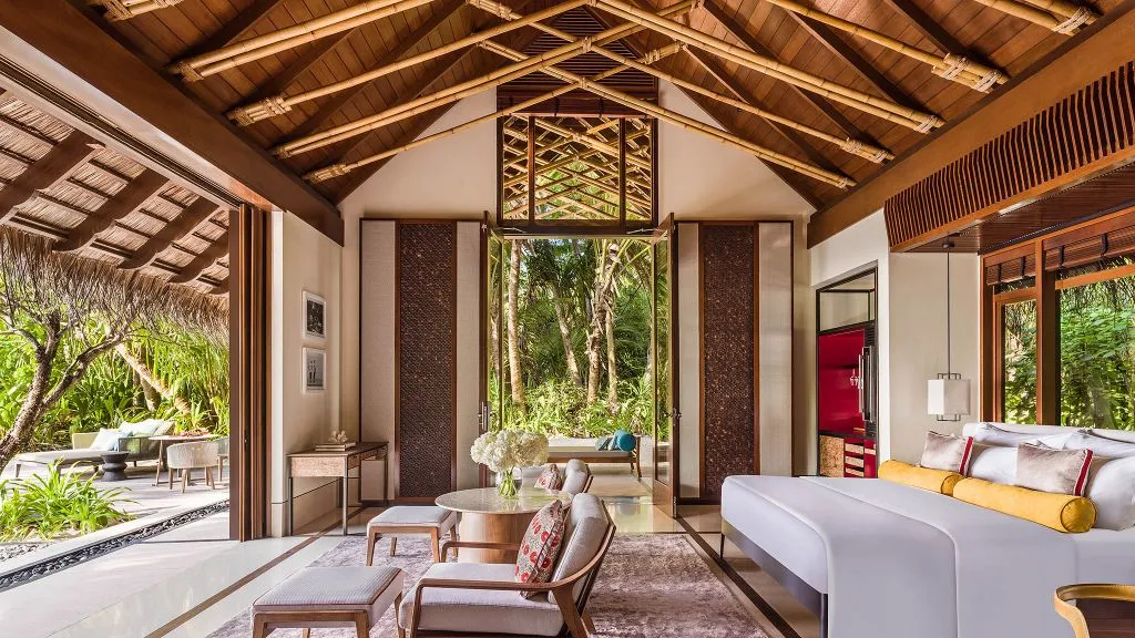 One&Only Reethi Rah beach villa with private pool on a white-sand beach, Maldives