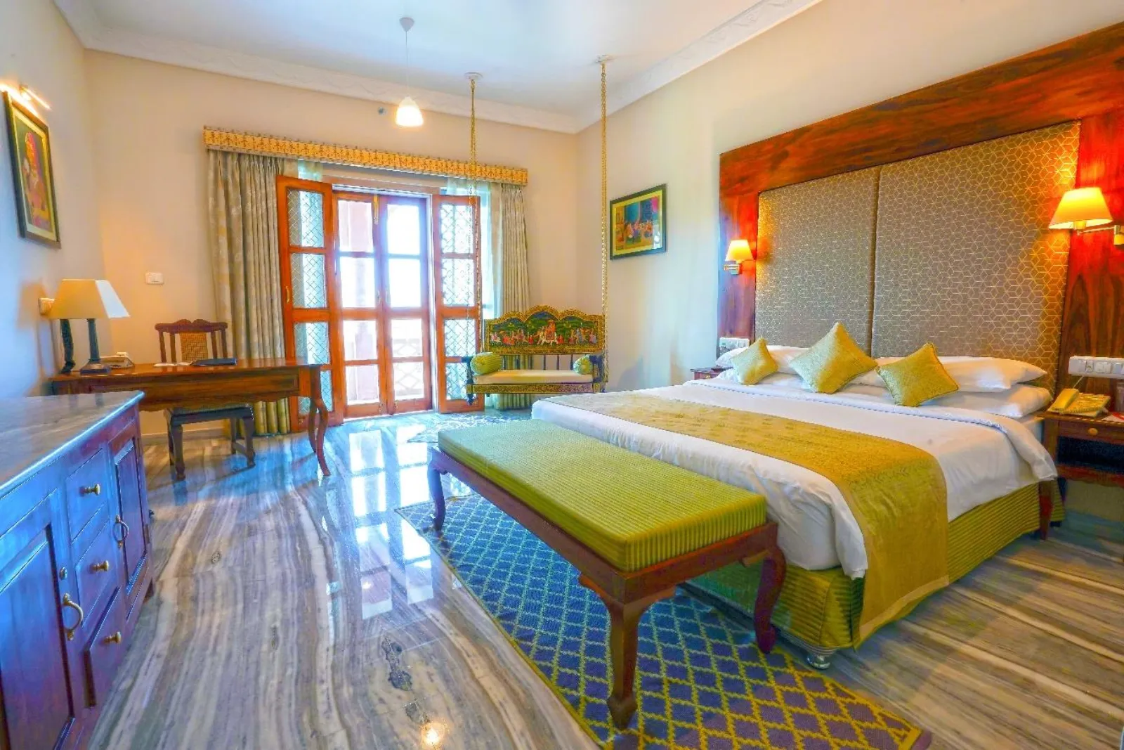 Heritage-luxe guest suite with Rajasthani furnishings and Aravalli-Hills view at Pratap Mahal Ajmer IHCL SeleQtions